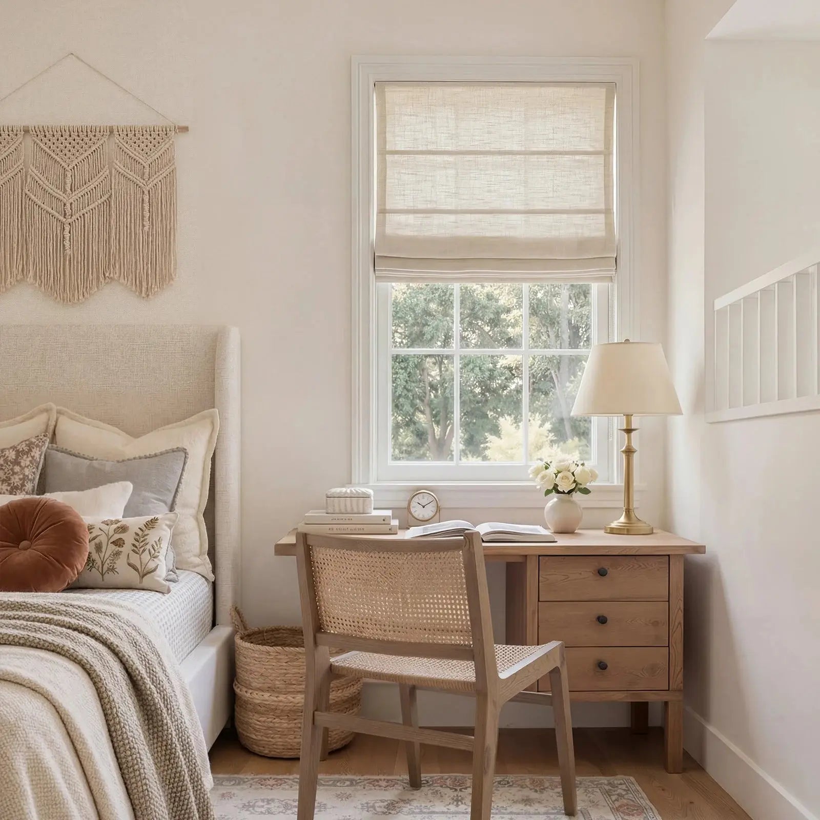 A serene neutral-toned bedroom with a woven macrame wall hanging above the bed, featuring a light wood desk and a cane chair next to a window overlooking green trees, accented by a bronze lamp and a rust velvet pillow