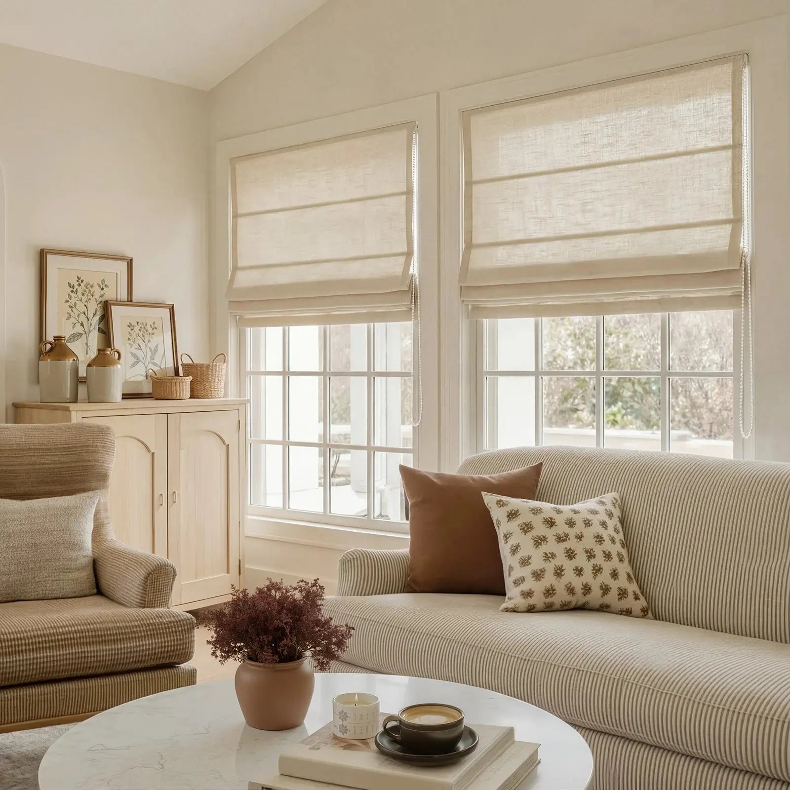 Neutral-toned living room interior featuring a beige striped sofa and armchair, a light wood console cabinet adorned with framed botanical prints and two-tone ceramic jugs, and a white marble coffee table holding a dark coffee cup, scented candle, and a terracotta pot with reddish dried foliage, all bathed in soft light from two large windows with linen Roman shades