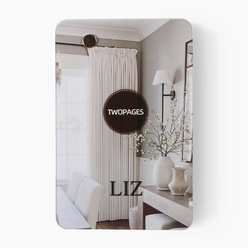 Liz Linen Blend curtain fabric texture and booklet detail