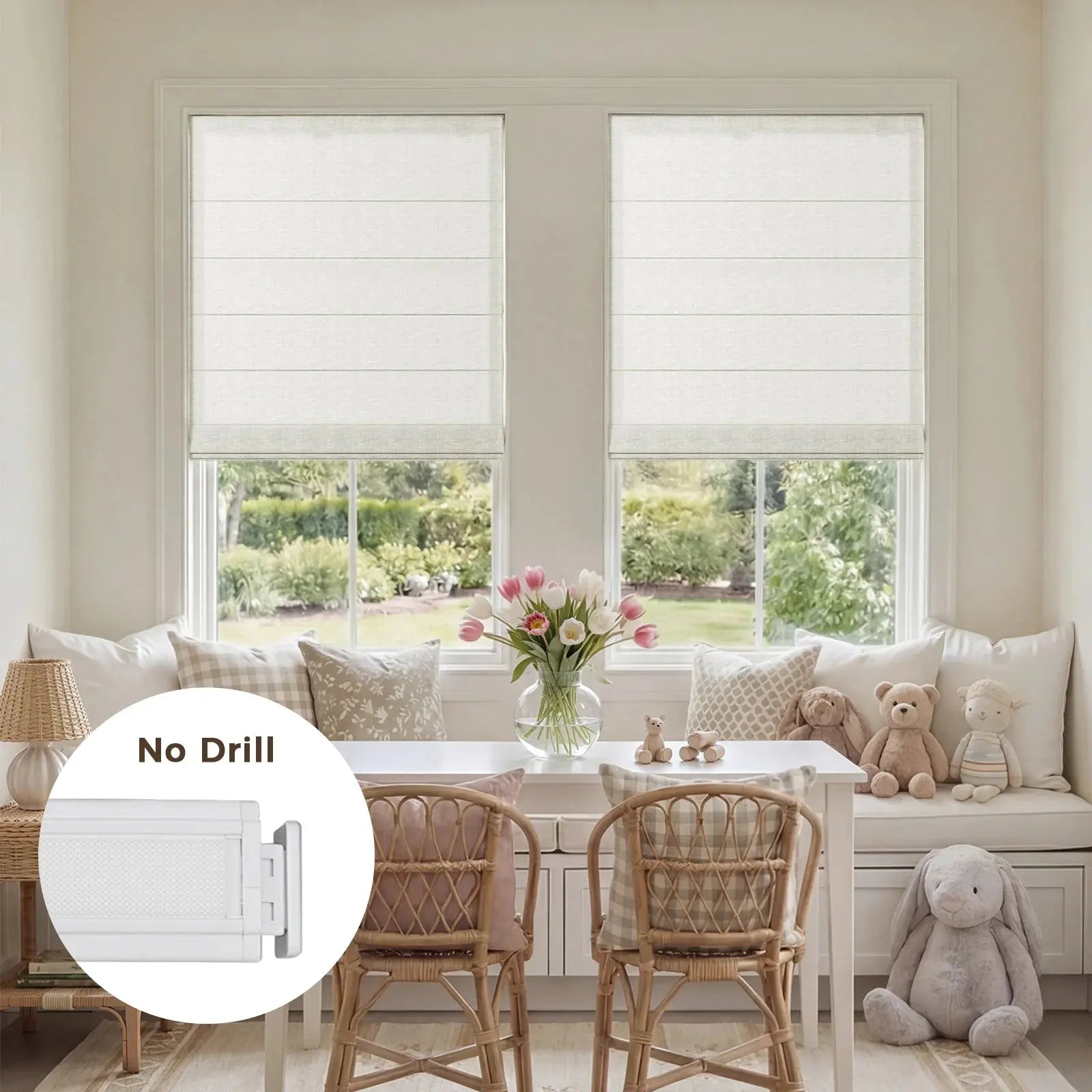 Custom Linen No-Drill Flat Fold Roman Shade Cordless- -TWOPAGES