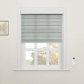 A mint green layered zebra Blind partially covers a white window frame and trim overlooking autumnal trees, with a wall-mounted white remote control visible