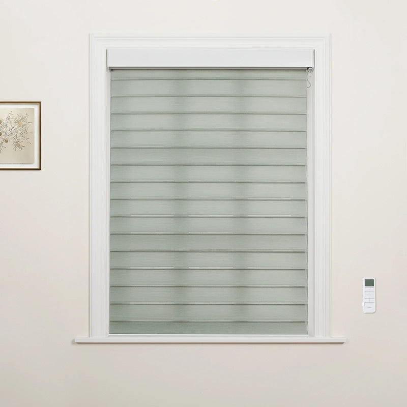 Photograph of a window in an interior room featuring gray-green banded zebra roller Blinds, a white remote control mounted on the right wall, and a small framed botanical artwork on the left wall