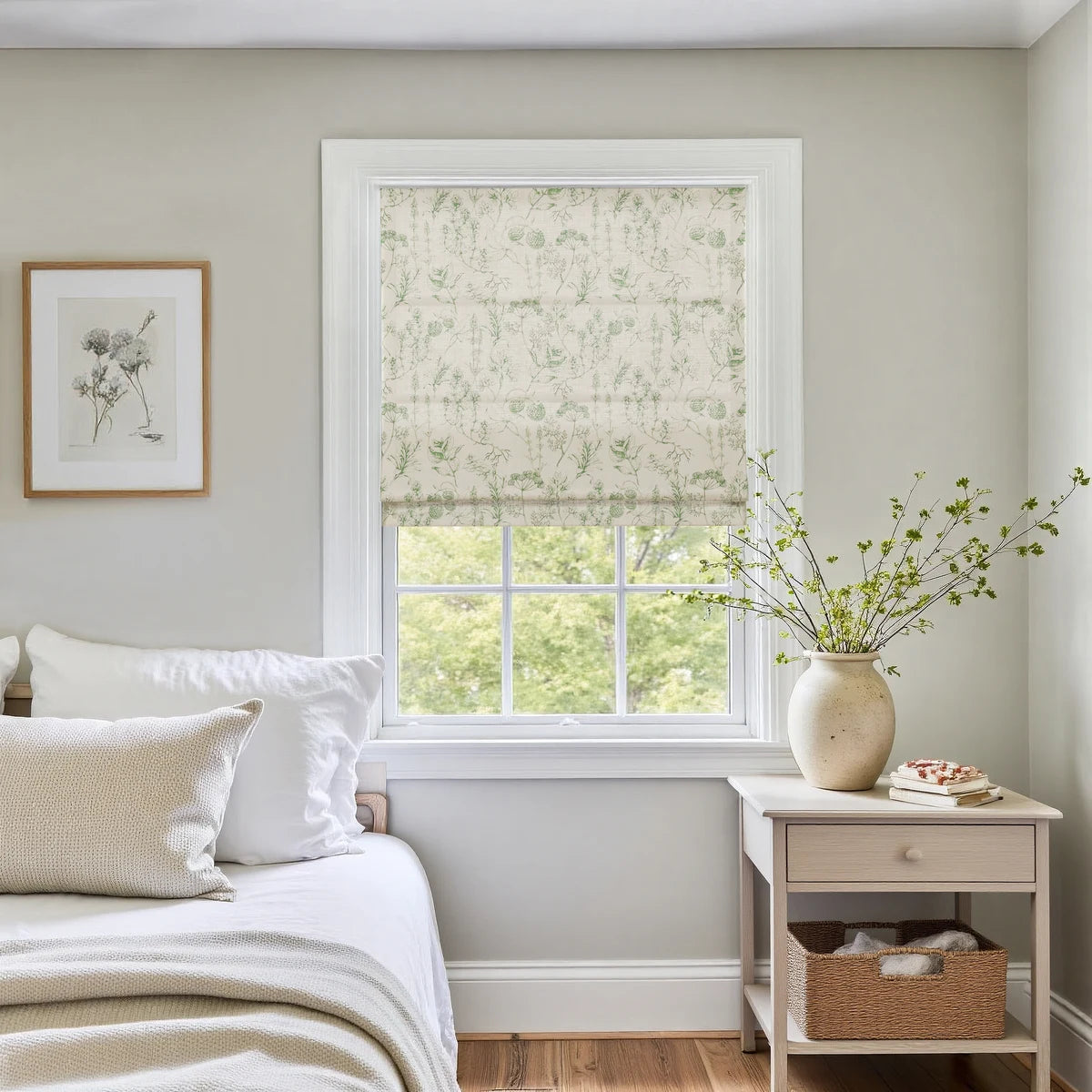 Holly Botanical Boho No-Drill Flat Fold Roman Blind Cordless