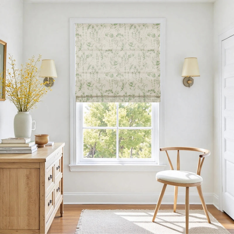 Holly Botanical Boho No-Drill Flat Fold Roman Blind Cordless