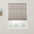 Photograph of a window with a beige and white plaid Roman blind partially covering a blurred view of green trees outside, accompanied by a small framed rustic landscape painting on the white wall to the left
