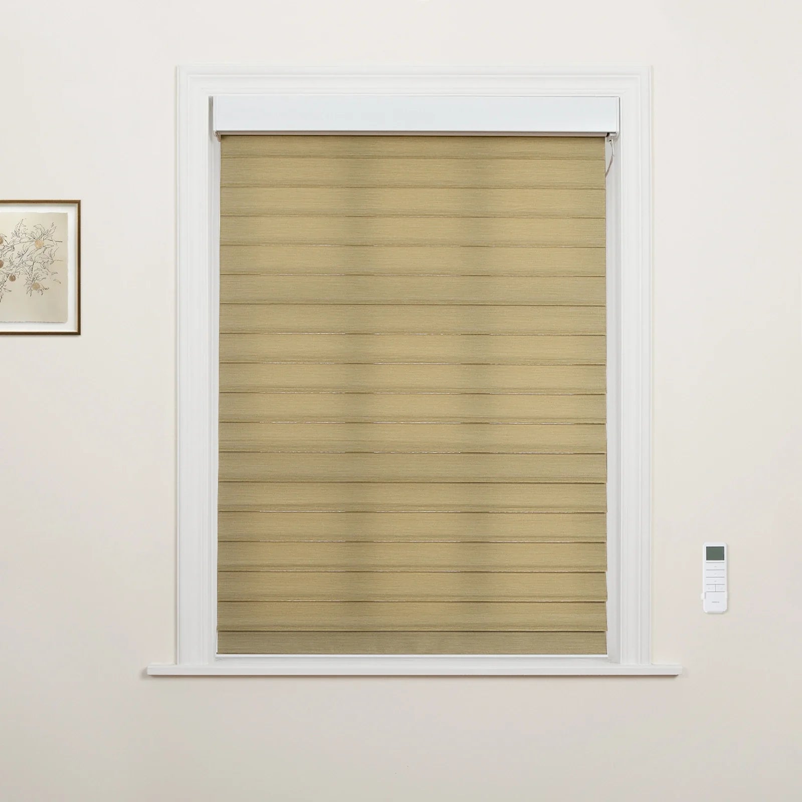 A photograph of an interior window featuring beige horizontal striped dual-layer Blinds set in a white frame with a wall-mounted remote control and a framed botanical print nearby