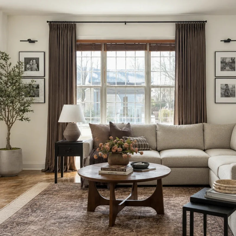 Oak Dim Gray Liz Linen Pleated Curtains in a living room with a white sectional sofa and gallery wall