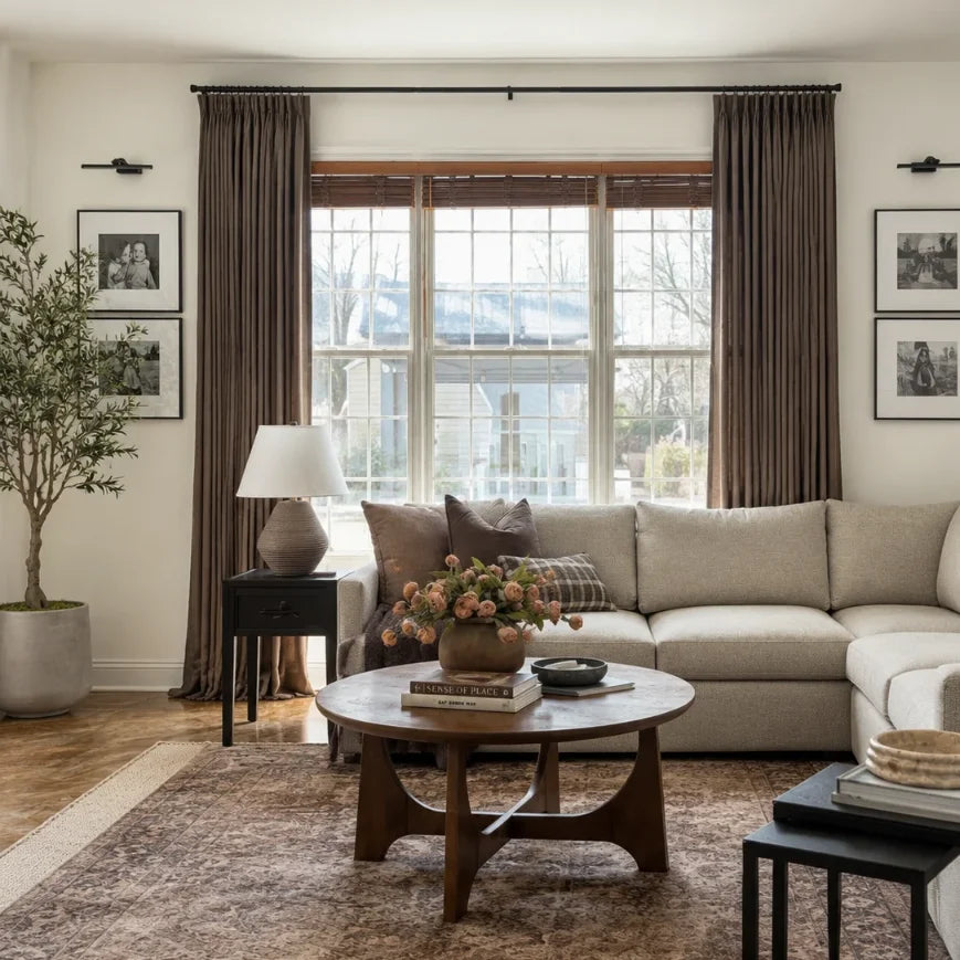 Oak Dim Gray Liz Linen Pleated Curtains in a living room with a white sectional sofa and gallery wall