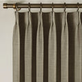 Oak Dim Gray Liz Linen Pleated Curtains triple pinch pleat heading on a bronze curtain rod
