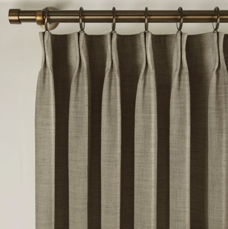 Oak Dim Gray Liz Linen Pleated Curtains triple pinch pleat heading on a bronze curtain rod