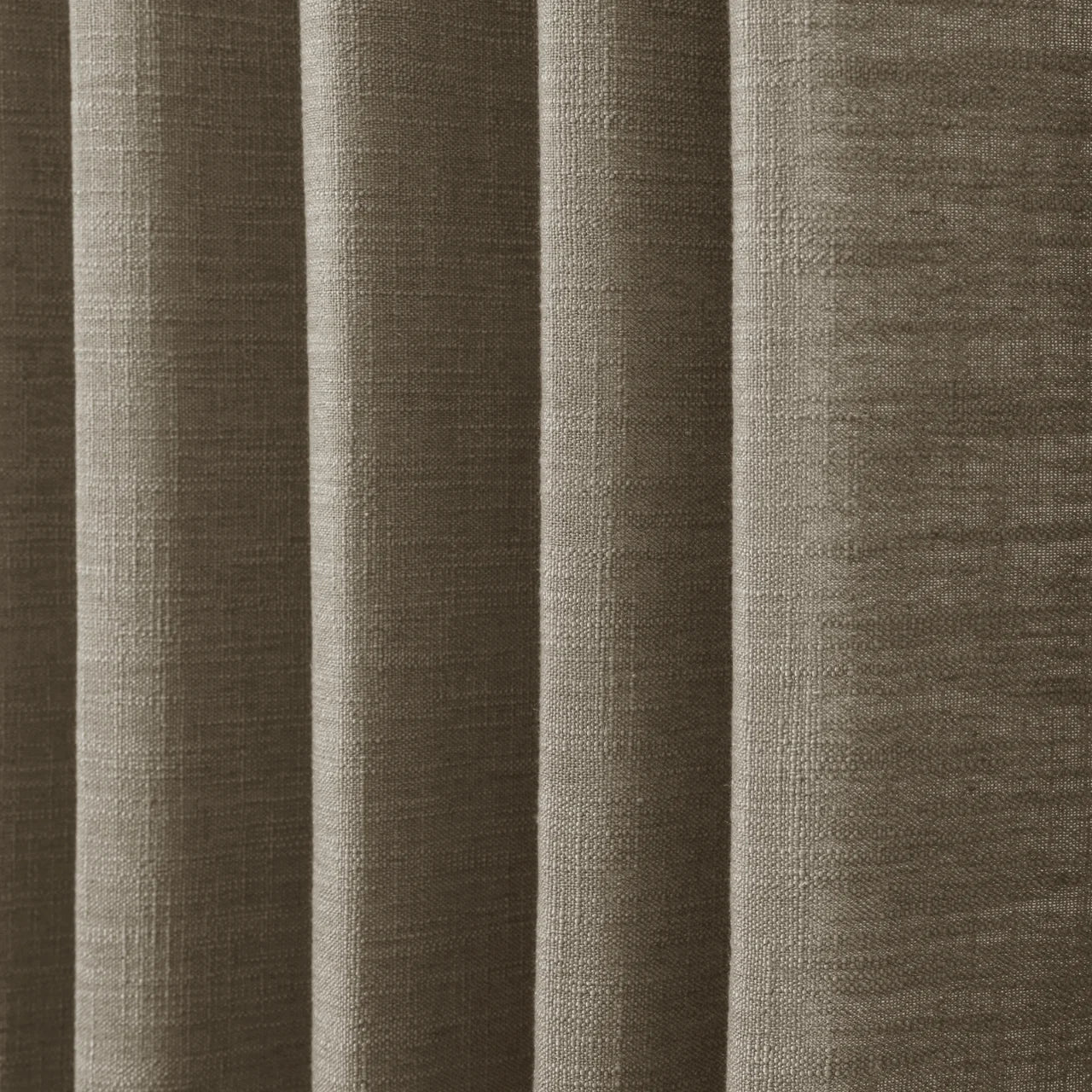 Oak Dim Gray Liz Linen Pleated Curtains dense linen weave shown in deep vertical folds