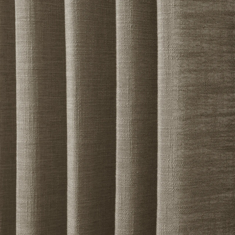 Oak Dim Gray Liz Linen Pleated Curtains dense linen weave shown in deep vertical folds