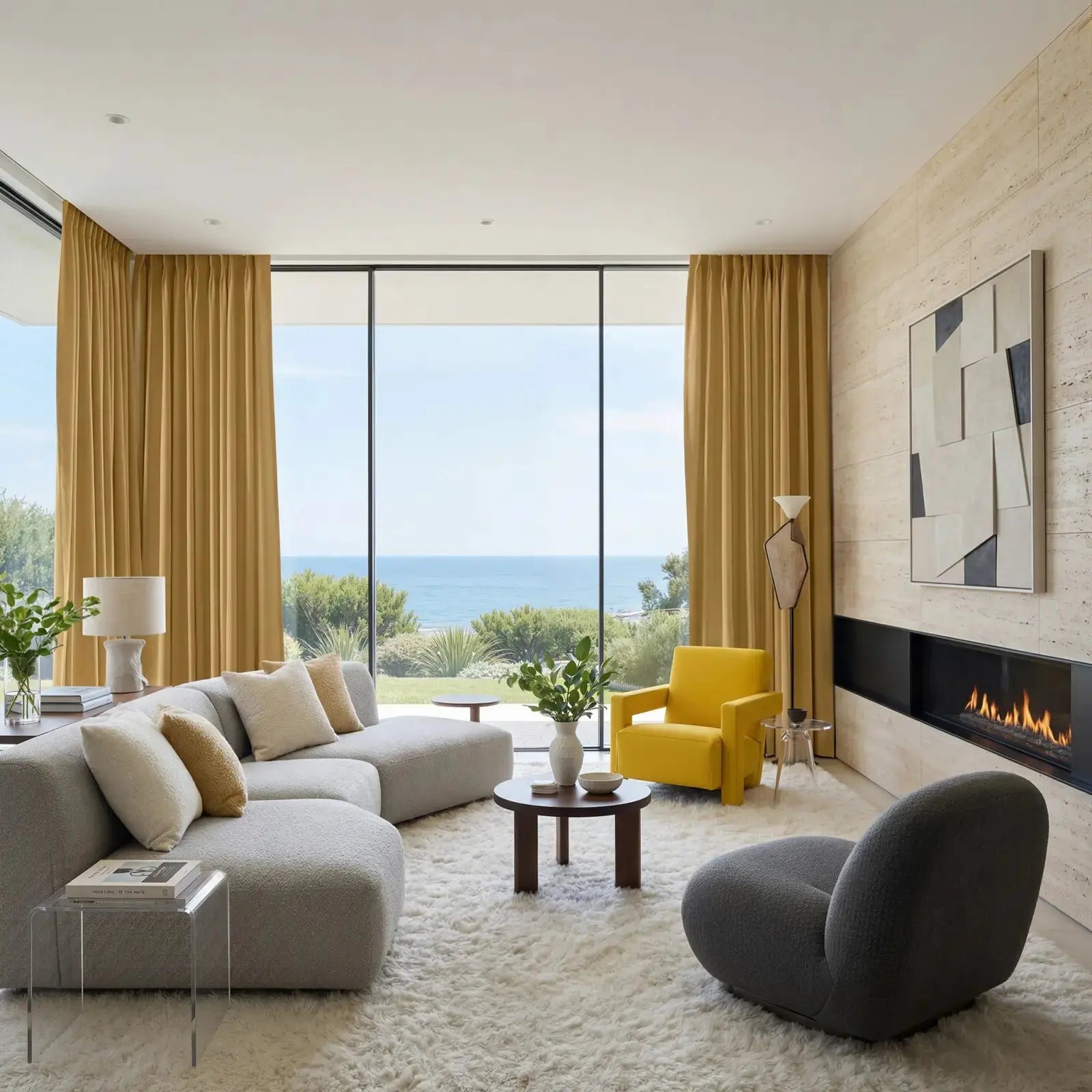 Interior design photography of a luxurious modern living room overlooking the ocean, featuring elegant golden curtains, a vibrant yellow armchair, a sleek long gas fireplace, and abstract geometric artwork