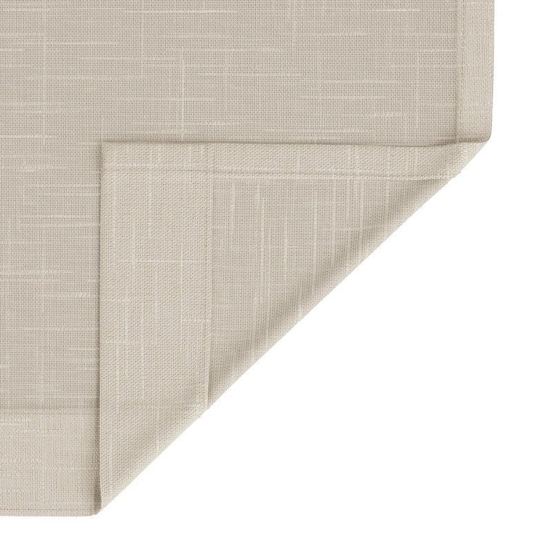 Oatmeal-colored fabric with a visible crosshatch weave texture and a corner folded diagonally against a crisp white background