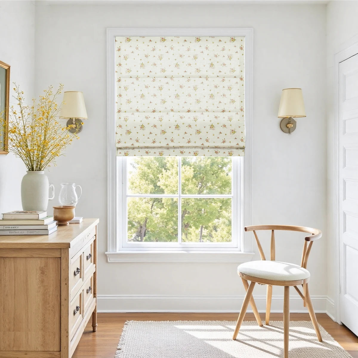 Holly Botanical Boho No-Drill Flat Fold Roman Blind Cordless