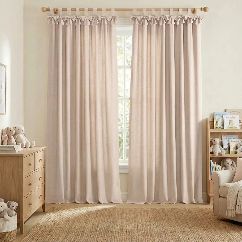 Jawara Linen Cotton Tie Top Bow Curtain-?Pink J401-16-TWOPAGES