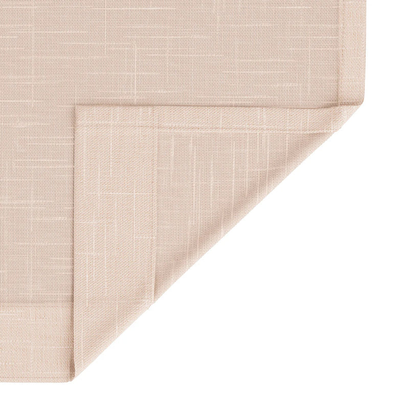 Light beige woven fabric with a subtle grid pattern, its corner diagonally folded back against a clean white background
