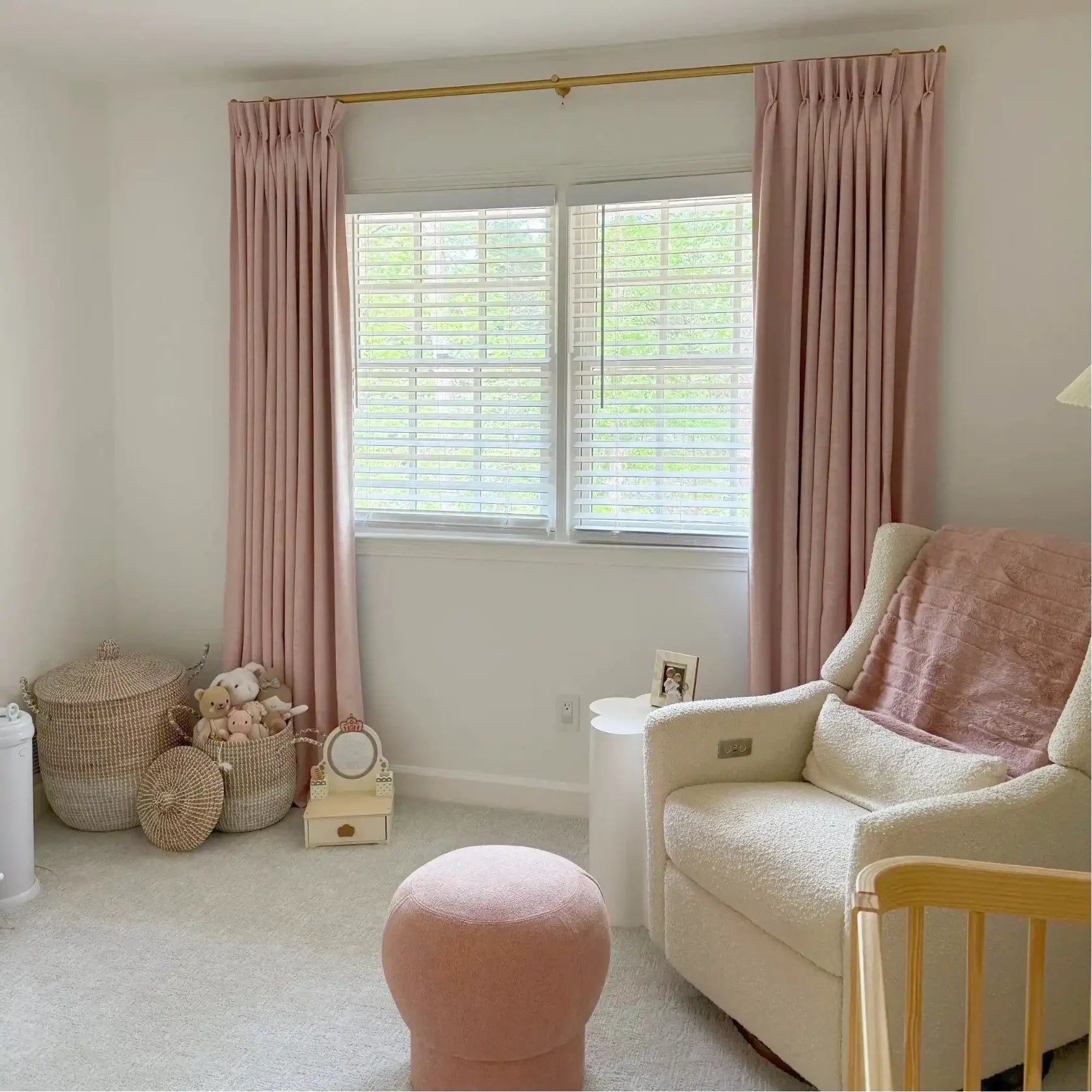 Pink Lemonade Liz linen curtains viewed at an angle in a softly styled room with natural daylight