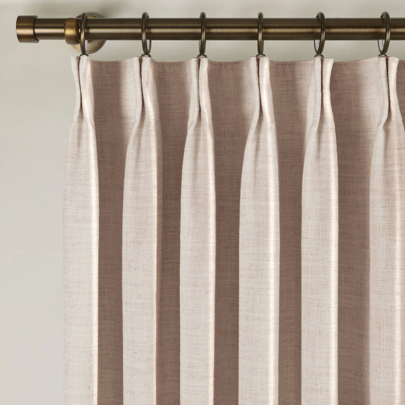 Pink Lemonade Liz linen curtains showing the lower drape and pooling folds near the floor