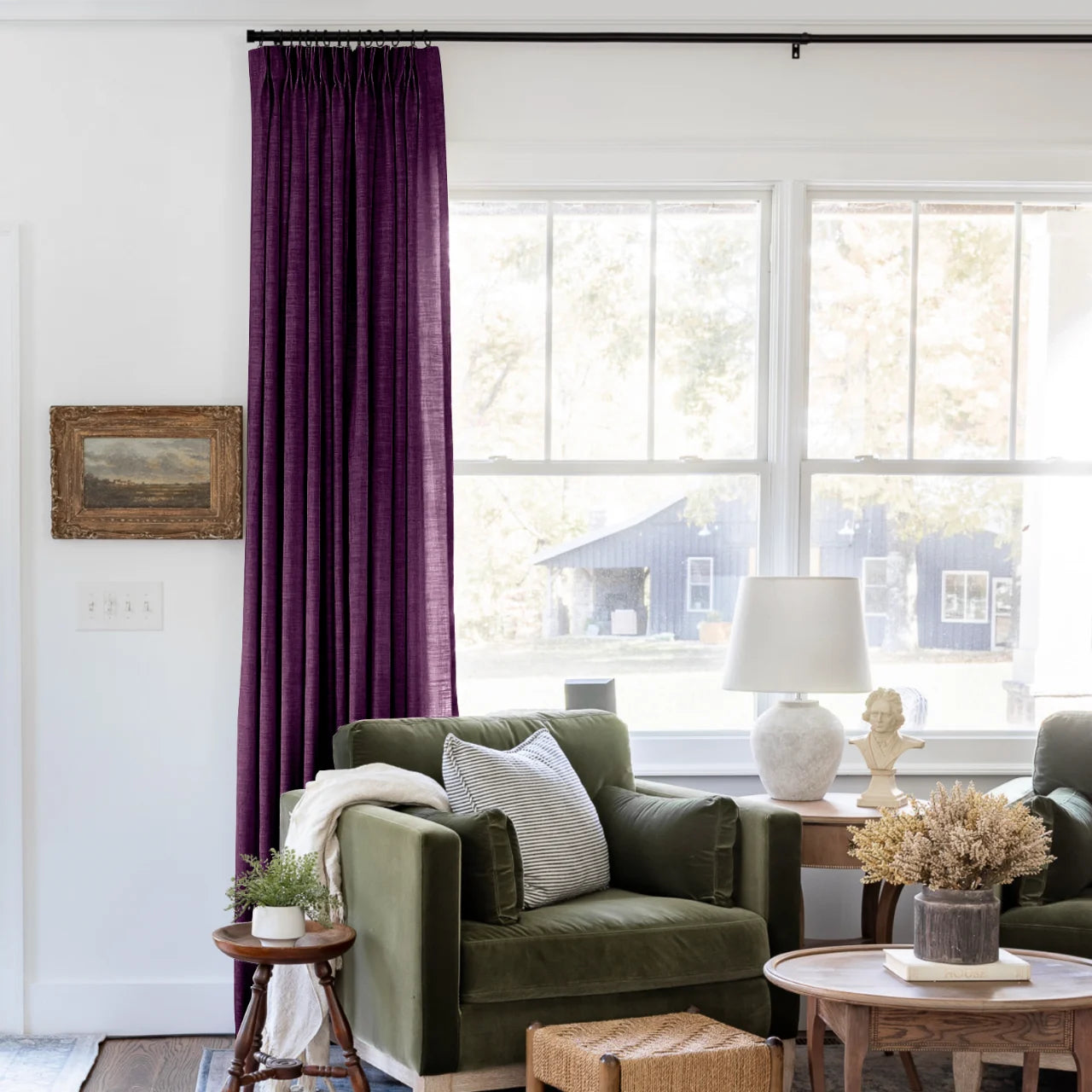 Plum Liz linen curtains shown closer beside a sunlit window with smooth vertical folds
