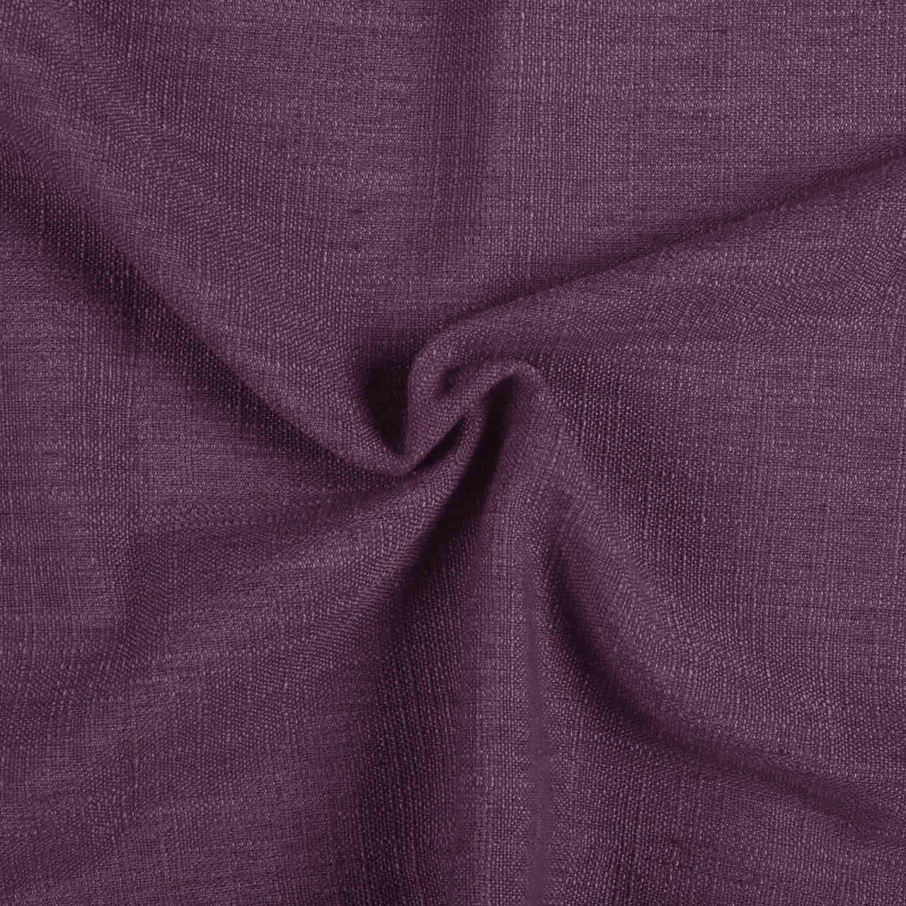 Plum Liz linen curtains drawn partly across the window with filtered light revealing the weave
