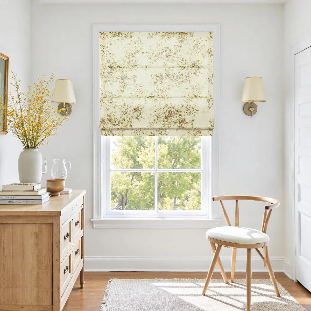 Holly Botanical Boho No-Drill Flat Fold Roman Blind Cordless