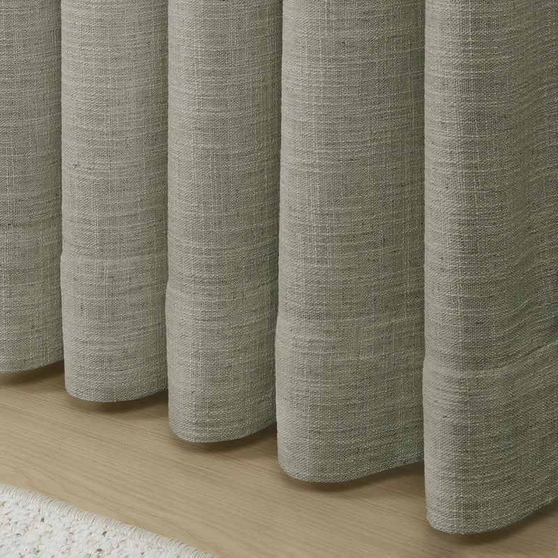 Pure Cashmere Light Grey Liz linen curtains showing the lower drape and pooling folds near the floor