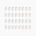 Thirty-two silver metal R-clips arranged neatly in four rows on a plain white background