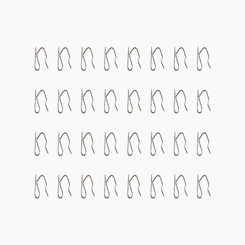Thirty-two silver metal R-clips arranged neatly in four rows on a plain white background