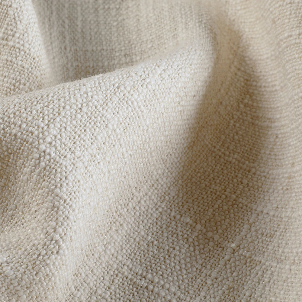 Close-up of linen textured fabric with OEKO-TEX Standard 100 logo.
