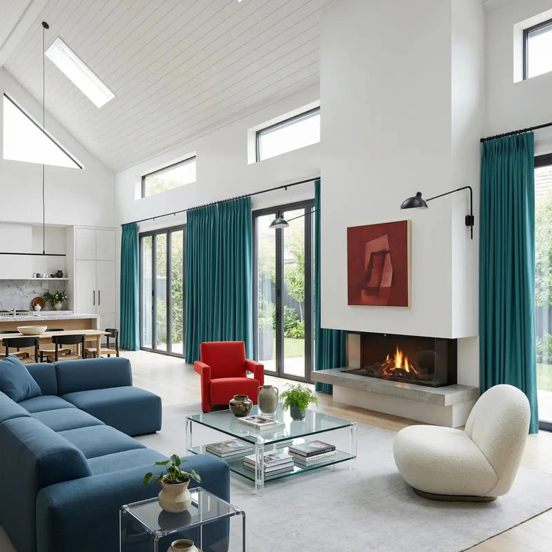 Photograph of a spacious modern living room featuring a large blue sectional sofa, a vibrant red armchair, full-length teal curtains, and a contemporary fireplace beneath an abstract red artwork