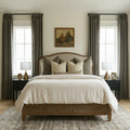 Sepia Ebony Liz linen curtains viewed at an angle in a softly styled room with natural daylight