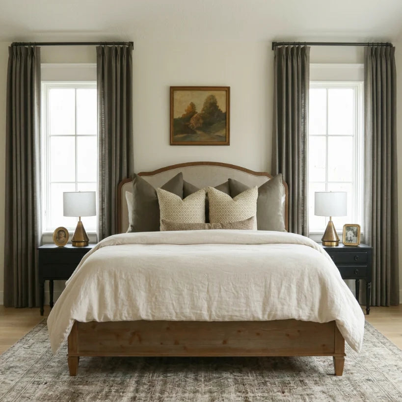 Sepia Ebony Liz linen curtains viewed at an angle in a softly styled room with natural daylight