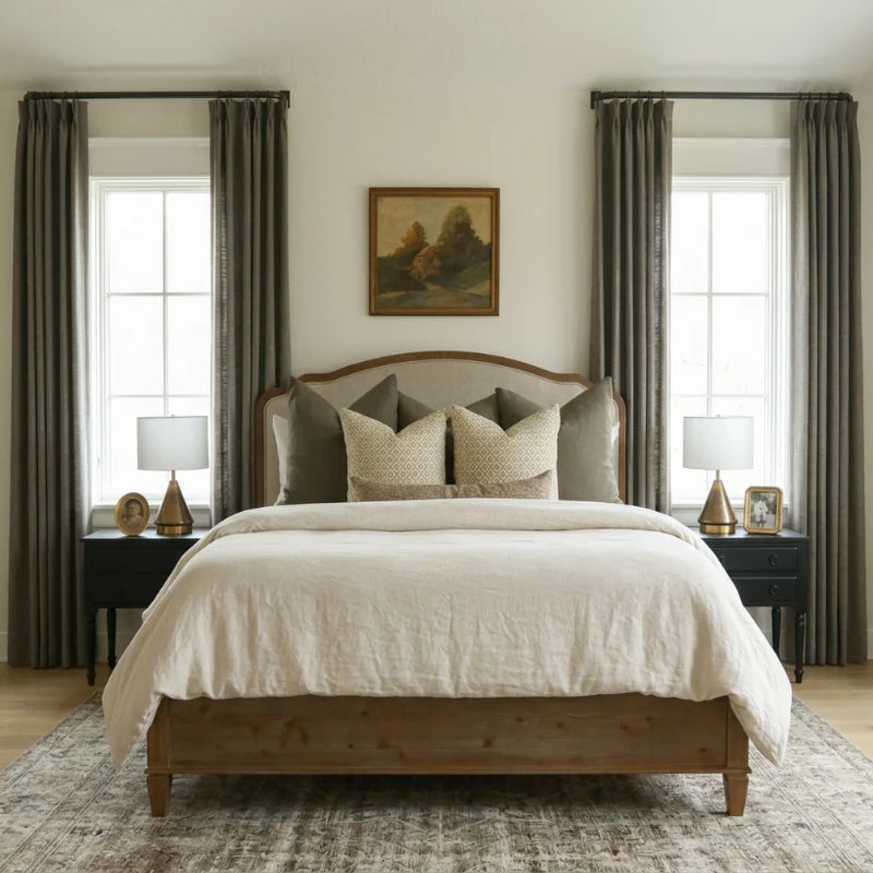 Sepia Ebony Liz linen curtains viewed at an angle in a softly styled room with natural daylight