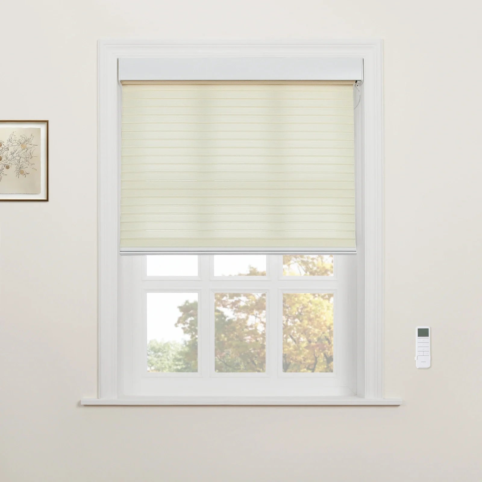 Interior scene featuring cream-colored sheer horizontal window Blinds partially drawn over a white six-pane window with autumn trees visible outside, a small framed botanical sketch on the left wall, and a white remote control mounted on the right wall