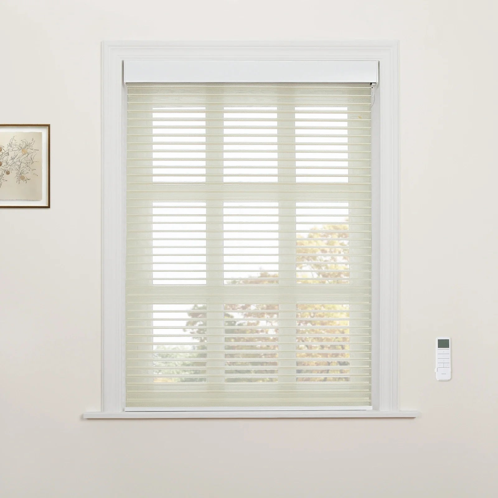 Interior view of a room featuring a large window with light cream zebra Blinds and white ornate trim, a white remote control mounted on the wall to the right, and a framed botanical art print on the left