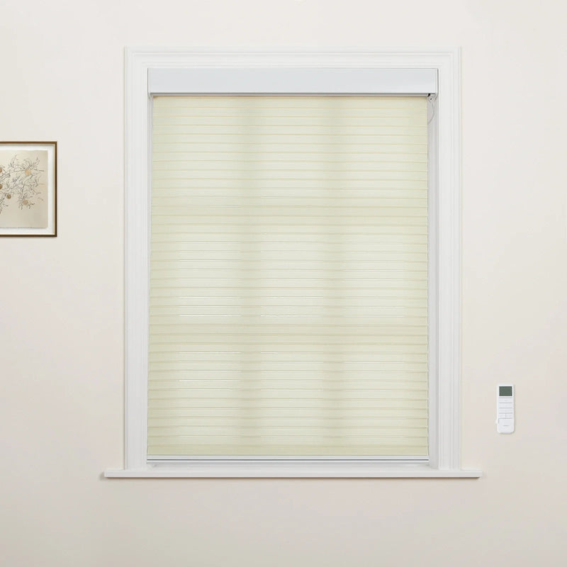 A creamy beige motorized zebra window Blind with sheer and opaque stripes in a white-trimmed window, complemented by a wall-mounted remote control and a small framed botanical print