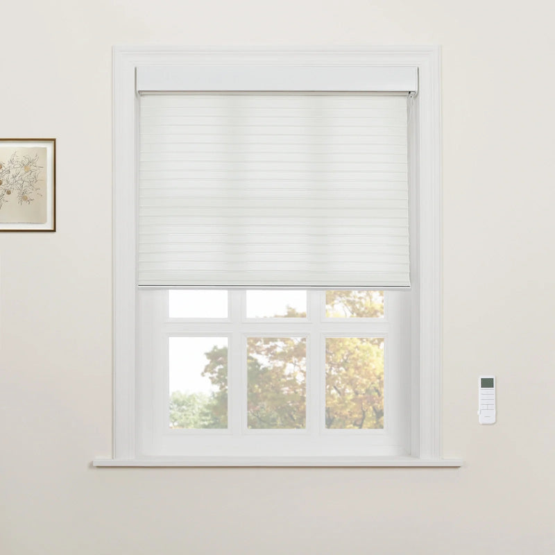 Photograph of a white six-pane window featuring white cordless cellular Blinds and a wall-mounted remote control, with a framed botanical print on the wall and autumn trees visible outside