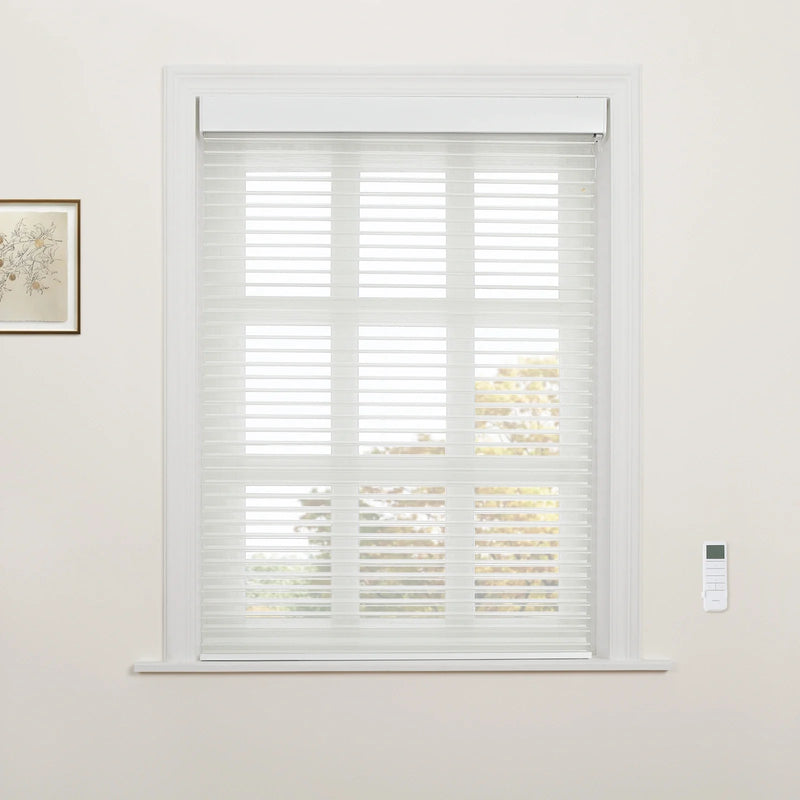 A home interior showing a window fitted with white horizontal zebra Blinds, a framed botanical print on the left wall, and a white remote control mounted on the right wall