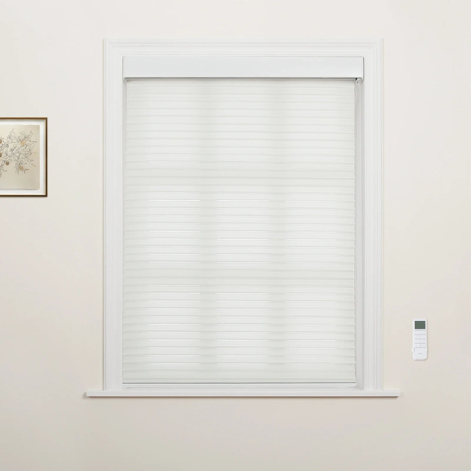 Photograph of an interior room window featuring a white zebra roller Blind, a wall-mounted remote control, and a framed botanical print on the adjacent wall
