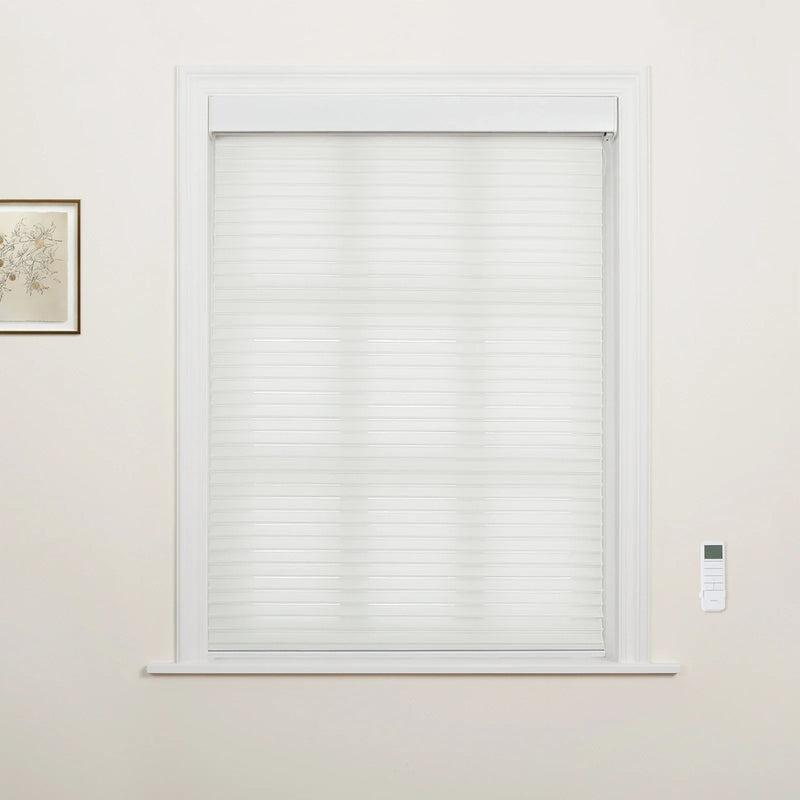 Photograph of an interior room window featuring a white zebra roller Blind, a wall-mounted remote control, and a framed botanical print on the adjacent wall