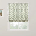 Photograph of an interior window featuring a light green Roman blind with a lattice pattern and small red floral motifs, a framed landscape painting hangs on the left wall