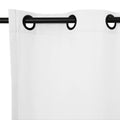 White textured fabric curtain panel with three black grommets on a dark metal rod