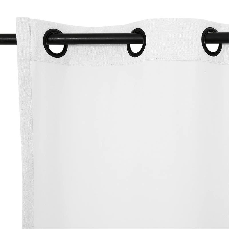 White textured fabric curtain panel with three black grommets on a dark metal rod