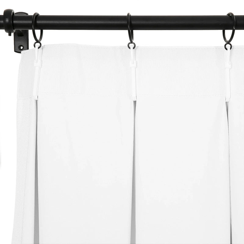 White pinch pleat curtains with a crisp design suspended by white plastic hooks from a matte black curtain rod and rings