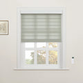 Light grey striped transitional window Blind partially lowered over a white multi-pane window revealing autumn trees outside with a framed botanical print on the left and a wall-mounted remote control on the right