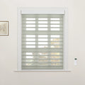 A window in an interior room featuring light grey sheer and solid layered zebra Blinds, a white wall-mounted remote control to the right, and a framed botanical art print on the left wall with autumn trees visible outside