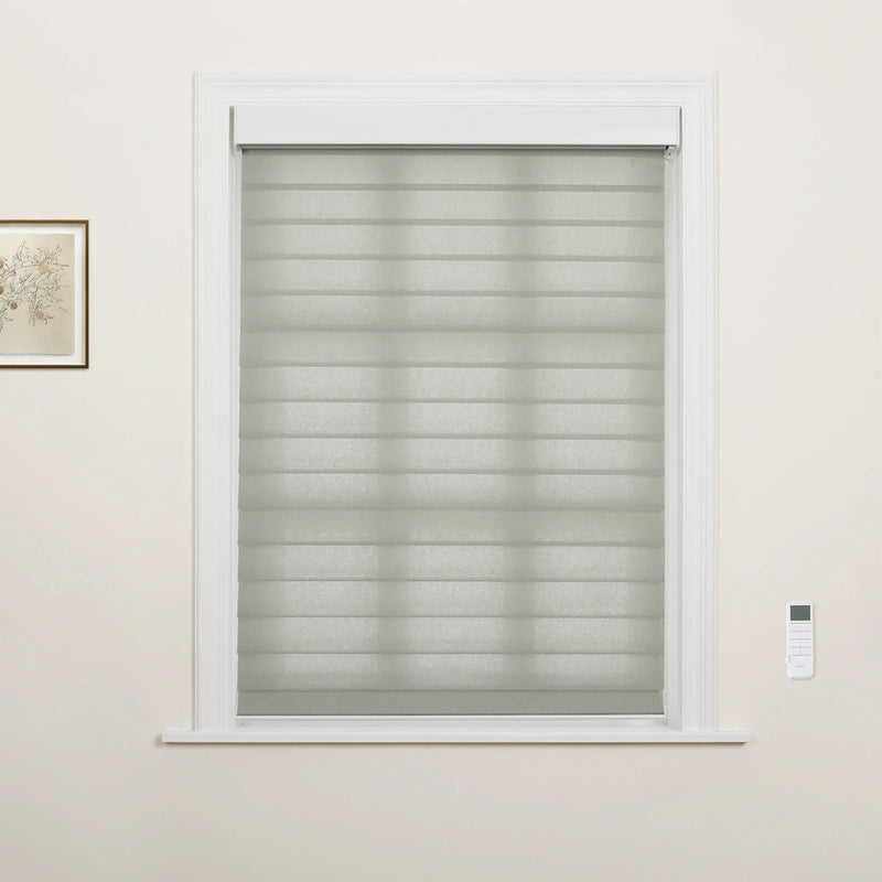 A window featuring modern grey layered zebra Blinds within a white frame, accompanied by a white wall-mounted remote control and a small framed botanical art print