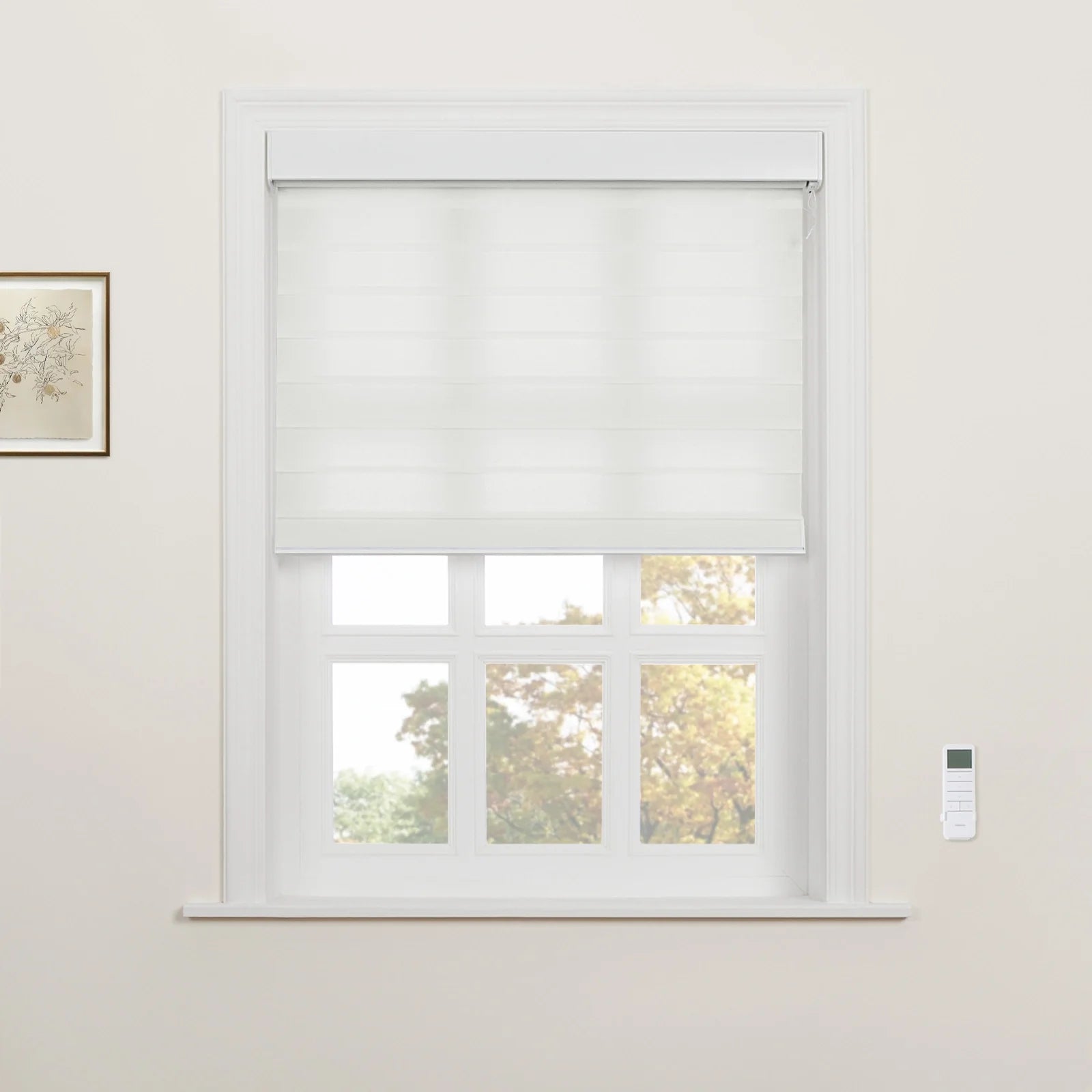 A white layered Roman Blind partially lowered over a white multi-paned window with a wall-mounted remote control on the wall
