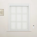 Interior shot of a window featuring white sheer horizontal striped zebra Blinds, a wall-mounted remote control, and a framed botanical illustration on the adjacent wall